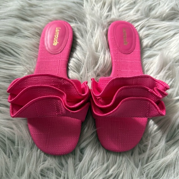 LARROUDE Ivy Ruffle Slip On Mule Flat Sandals in Pink Raffia Size 5 NWB - Picture 6 of 14